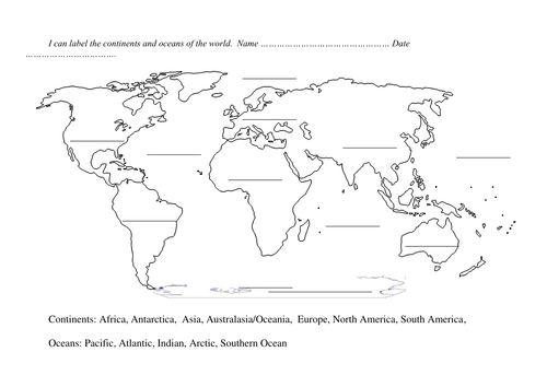 Printables Continents And Oceans Of The World Worksheet blank world map to label continents and oceans by indigo987 teaching resources tes