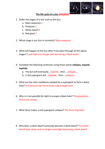 Life Cycle Of A Star Worksheet Answers