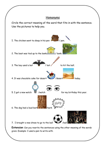 Homonyms Worksheet KS1 by laurensampson19 - Teaching Resources - Tes