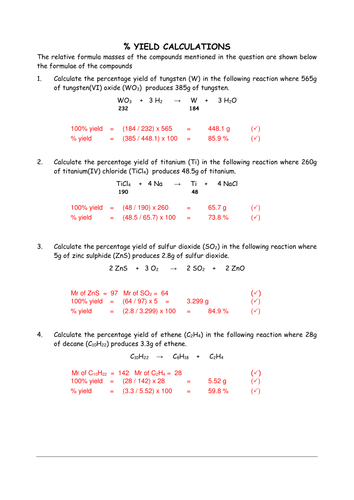 Percent Yield Worksheet Answers