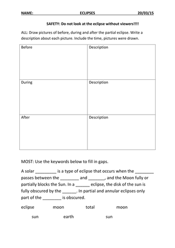 Solar eclipse worksheet by Chemsurfer - Teaching Resources - Tes