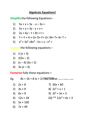 Worksheets Factoring Algebraic Expressions Worksheet algebra simplify expand factorise worksheet by lozter15 teaching resources tes
