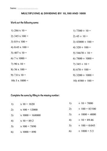 Multiplying and Dividing by 10, 100 and 1000 by ImanKhan12 - Teaching