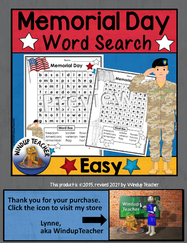 Memorial Day Word Search * EASY by WindupTeacher ...