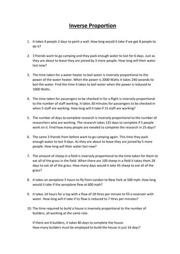 Worksheets Proportion Word Problems Worksheets inverse proportion word problems by superpope teaching resources tes