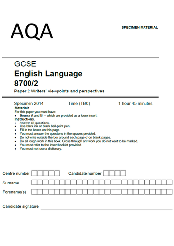 aqa english language paper 2 writers viewpoints and perspectives insert