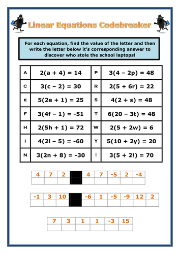 Linear Equations with Brackets Code Breaker by prof689 - Teaching