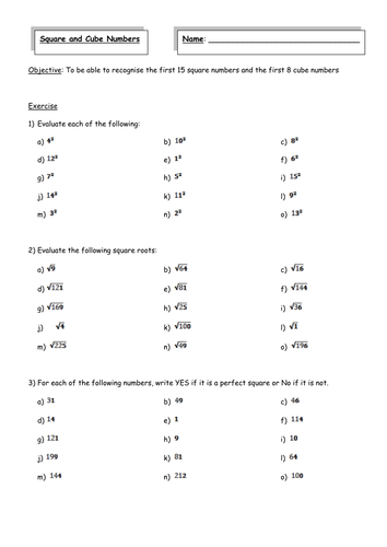 Square And Cube Numbers Worksheet Tes