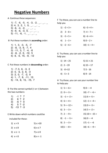 Teaching Negative Numbers Worksheet