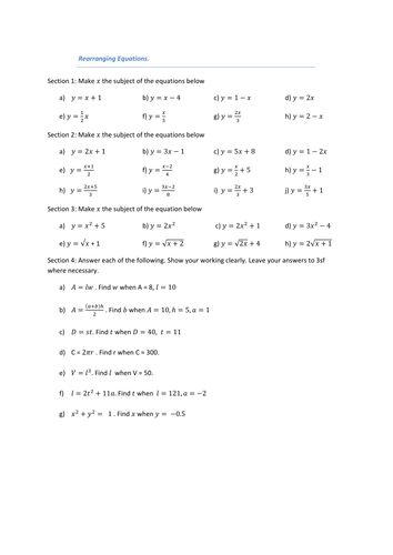 Rearranging Equations Worksheet by dmarshall1988 - Teaching Resources - Tes