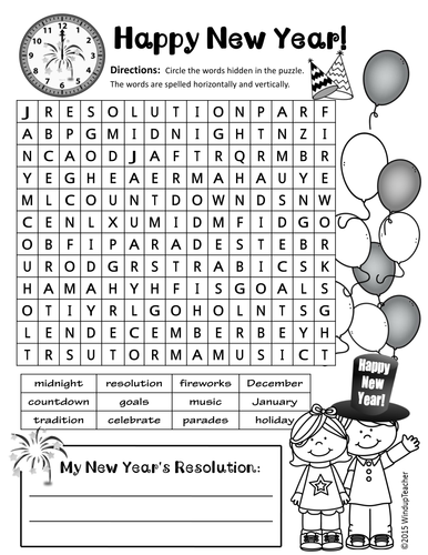 Happy New Year Word Search 2 levels by WindupTeacher Teaching