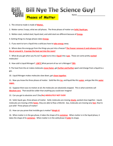 Bill Nye Phases of Matter Video Worksheet by mmingels - Teaching