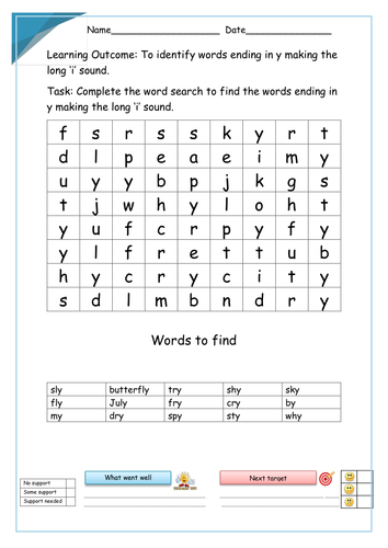 Word Searches on the /aɪ/ sound spelt – y at the end of words (long 'i