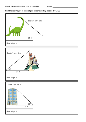 Angle of elevation / scale drawing worksheet by MrGrayMaths - Teaching