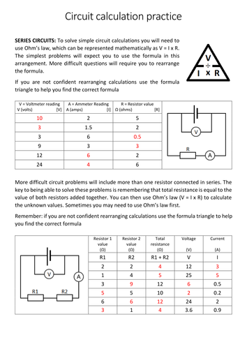 Circuit calculation practice worksheet and answers by robrusty