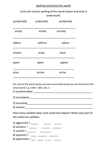 Spelling worksheet by helensunter01 - Teaching Resources - Tes