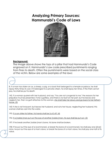 Analyzing Primary Sources: Hammurabi’s Code of Laws Worksheet by