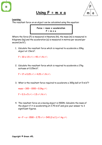 F = ma calculations by greenAPL - Teaching Resources - Tes