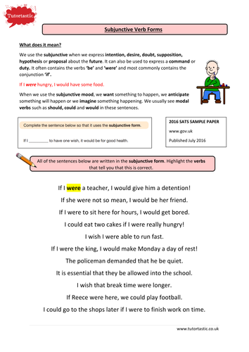 KS2 Grammar Subjunctive Verb Forms with answers by Tutortastic