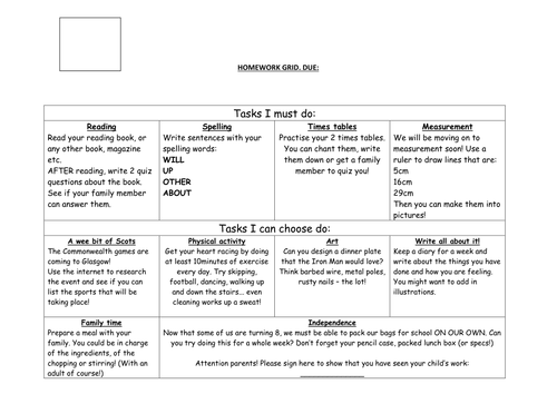 Year 2 homework grid