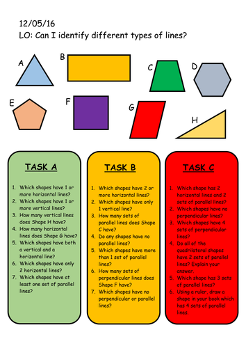 Year 4 Differentiated Lines Worksheet (Vertical, Horizontal, Parallel