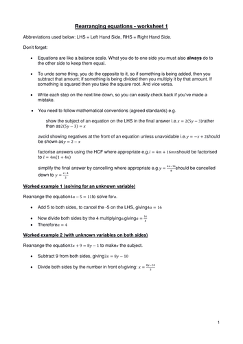 Rearranging equations - worksheet 1 (version 2) by Kevald - Teaching