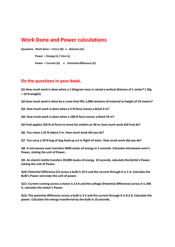 Power and Work done worksheet by akhan047 - Teaching Resources - Tes