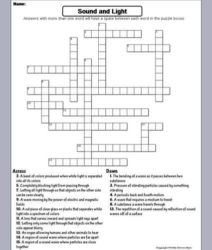 Sound and Light Crossword Puzzle by ScienceSpot Teaching Resources Tes