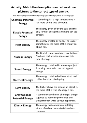 Types Of Energy Worksheet Tes