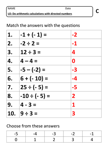 Negative Numbers Four Operations Arithmetic Worksheet Three