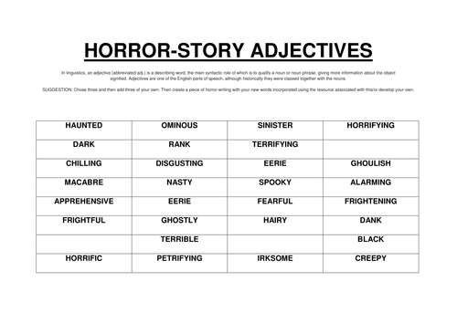 HORROR GOTHIC ADJECTIVES By EYEOFTHEFLY Teaching Resources Tes