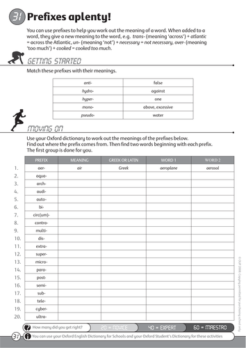 Oxford English Dictionary for Schools: worksheets on prefixes