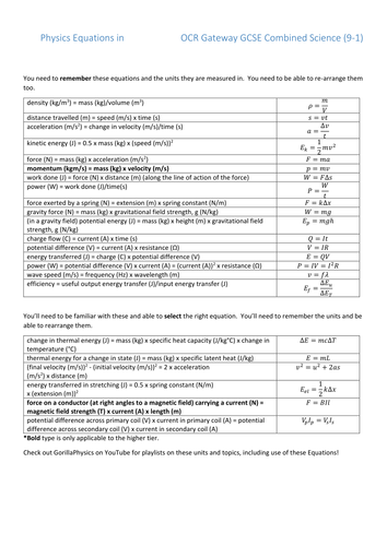 Physics Equation Sheet For Ocr Gateway A 9 1 Gcse Combined Science By 4604