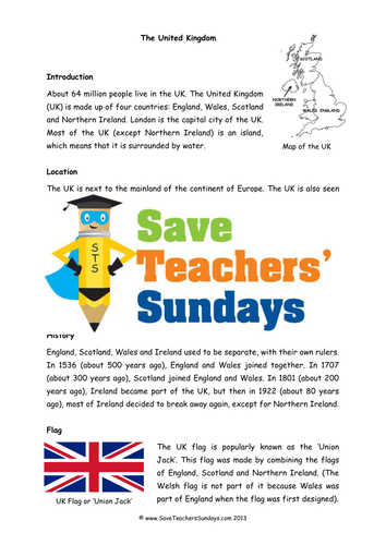 The United Kingdom KS1 Lesson Plan, Information Text and Worksheet by