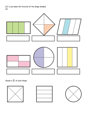 KS1 - Year 1 - What fraction of the shape is shaded? 1/2 and 1/4
