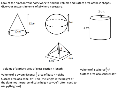 Volume and surface area of spheres, pyramids, cones and frustrums by