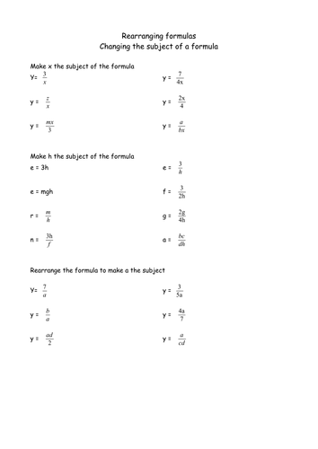 Rearranging formulae - Changing the subject of formulae by sfreck