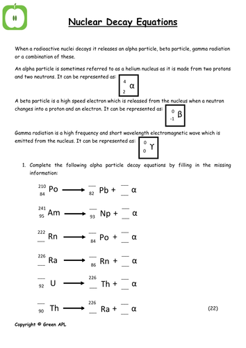 Nuclear Decay Equations By GreenAPL Teaching Resources Tes Worksheet 