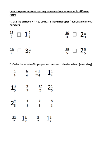 Comparing And Ordering Mixed Numbers And Improper Fractions Worksheet