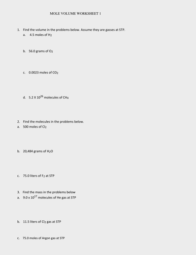 MOLE AND VOLUME CALCULATIONS WORKSHEETS WITH ANSWERS by kunletosin246