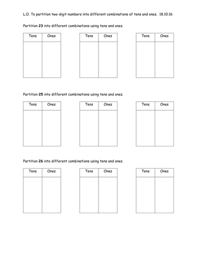 Partitioning Two digit Numbers Into Different Combinations Of Tens And Ones A Worksheet By 