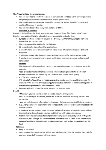 Aqa biology synoptic essay plans