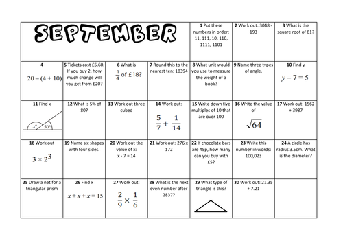 Question a Day Calendar (Maths) - September KS2 by ...