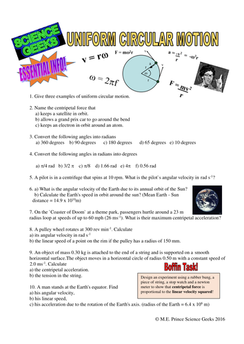 UNIFORM CIRCULAR MOTION WORKSHEET By Scigeeks Teaching Resources Tes