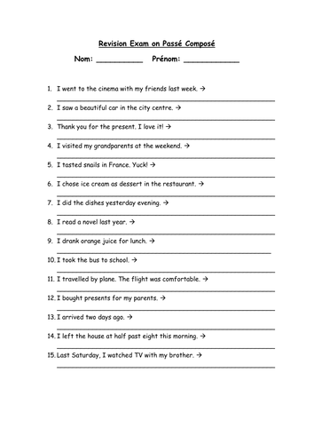 Passe Compose With Avoir Worksheets