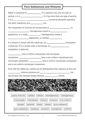 Pure Substances and Mixtures [Cloze Worksheet] by GoodScienceWorksheets