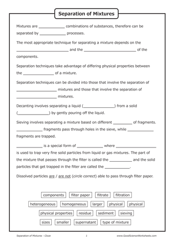 Separation of Mixtures [Cloze Worksheet] by GoodScienceWorksheets