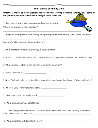 The Science of Finding Dory~Movie Worksheet by sventresca - Teaching