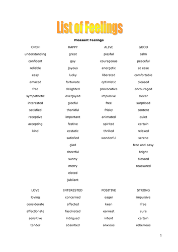 List of Feelings/ Emotions by mkaher - Teaching Resources - Tes