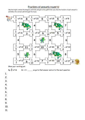 finding fractions of amounts maze worksheets yr4 by clangercrazy